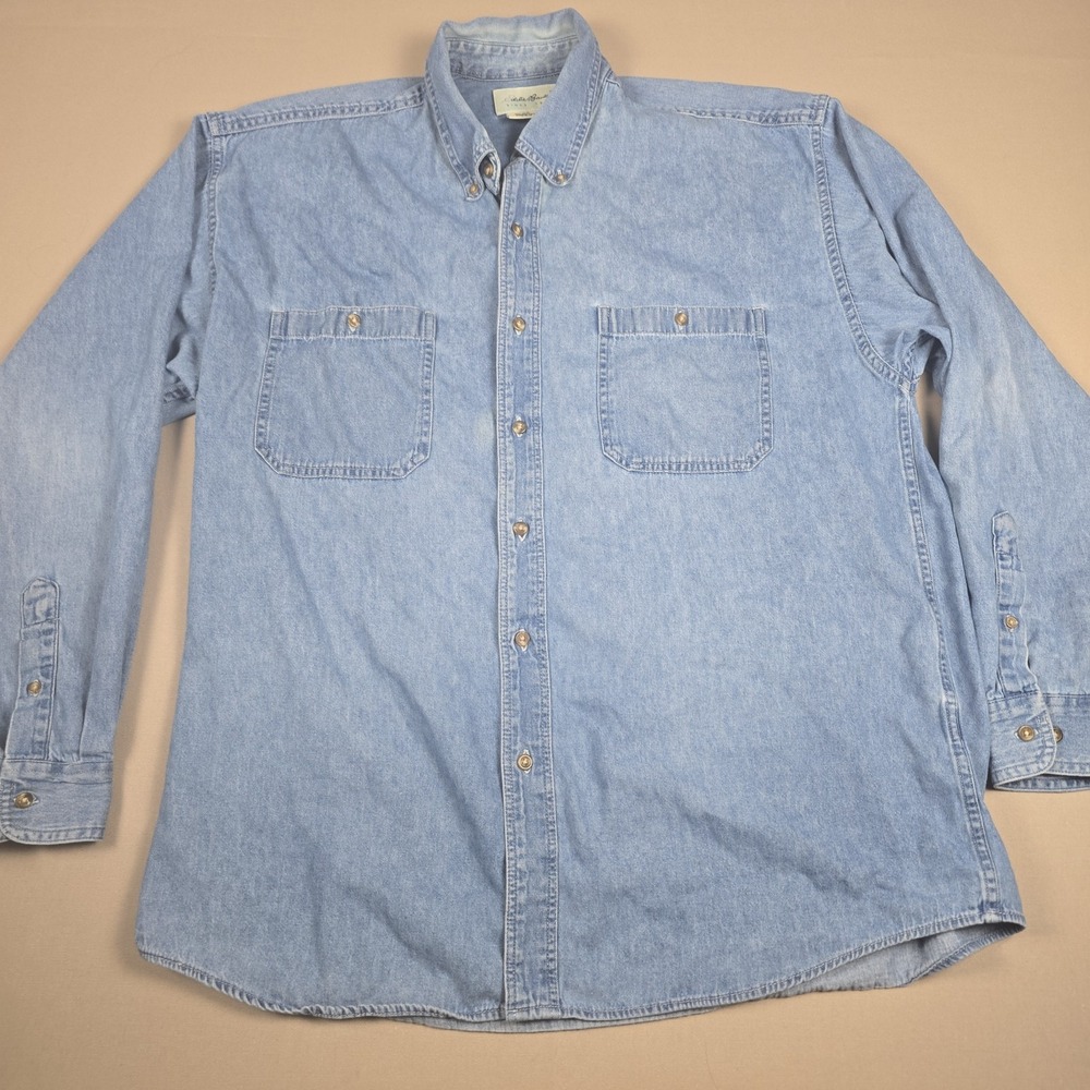 Vintage 90s Eddie Bauer Denim Shirt Mens Large L Blue Chambray Long Sleeve VTG